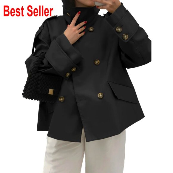 Cropped Trench Coat Oversized Double Breasted Stand Collar Casual Work Outerwear